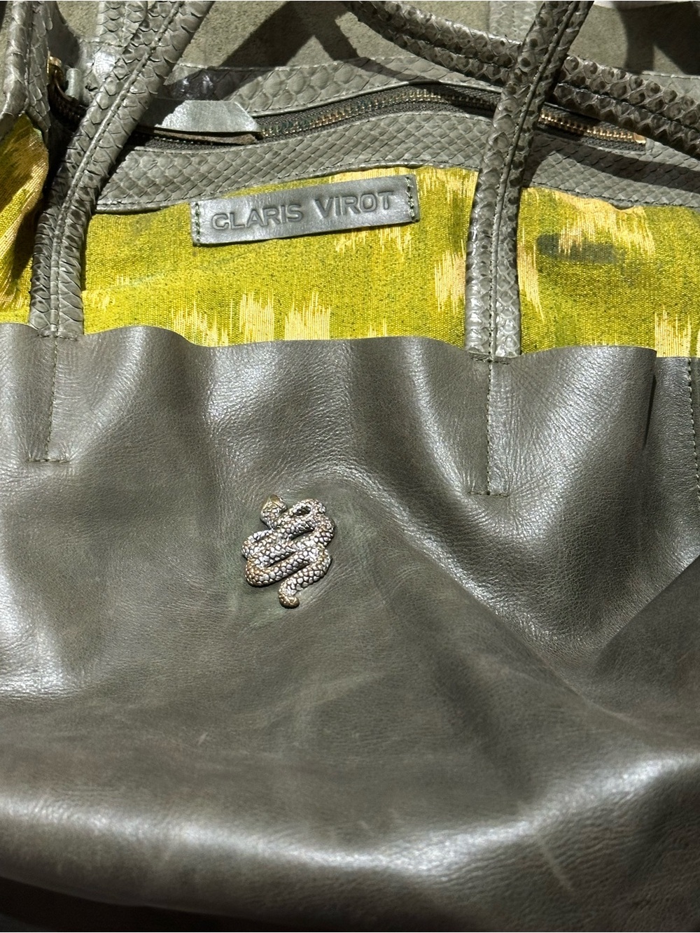 CLARIS VIROT OLIVE PYTHON LEATHER TOTE